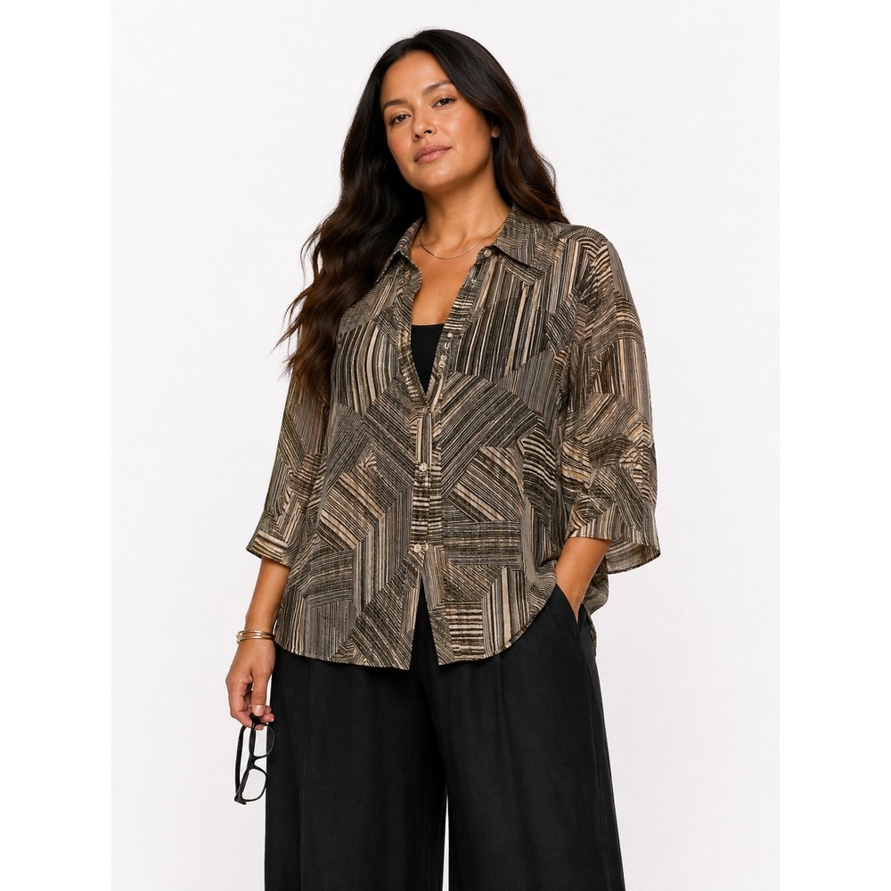 Jaipur XL Semi Sheer Tan Brown Geometric Abstract Metallic Vintage Blouse Top